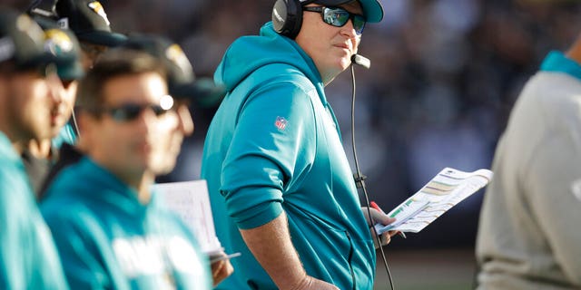 Jacksonville Jaguars head coach Doug Marrone stands on the sideline during the second half of an NFL football game against the Oakland Raiders in Oakland, Calif., Sunday, Dec. 15, 2019.