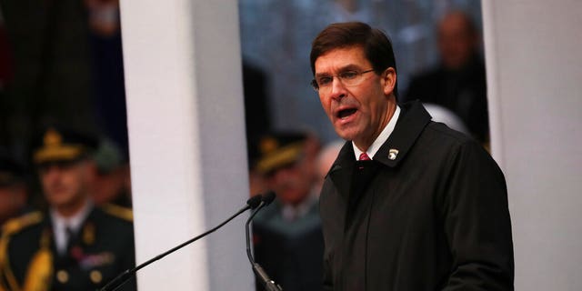 U.S. Secretary of Defence Mark Esper gives a speech during a ceremony to commemorate the 75th anniversary of the Battle of the Bulge at the Mardasson Memorial in Bastogne, Belgium