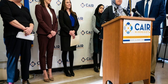 Aida Shyef Al-Kadi, of St. Louis Park, speaks during a press conference at CAIR-MN headquarters in Minneapolis on Tuesday. (Leila Navidi/Star Tribune via AP)