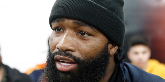 In this Jan. 9, 2019, file photo, boxer Adrien Broner takes questions from the media at the Ten Goossen boxing gym in Van Nuys, Calif. (AP Photo/Damian Dovarganes, File)