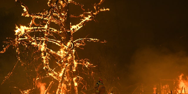 In this Saturday, Dec. 21, 2019, photo, NSW Rural Fire Service crew fight the Gospers Mountain Fire as it impacts a property at Bilpin, New South Wales state, Australia. Prime Minister Scott Morrison on Sunday, Dec. 22, apologized for taking a family vacation in Hawaii as deadly bushfires raged across several states, destroying homes and claiming the lives of two volunteer firefighters.(Dan Himbrechts/AAP Images via AP)