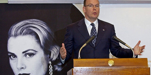 Monaco's Prince Albert II, son of the late Princess Grace Kelly, speaks during a news conference after visiting an exhibition about his mother at a department store in Tokyo.