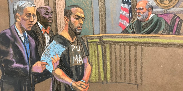 A sketch of Ahmed A-Hady appearing before a judge. 