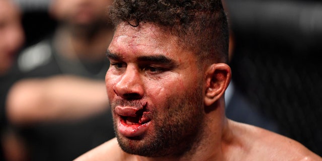 Alistair Overeem of Netherlands reacts after his TKO loss to Jairzinho Rozenstruik of Suriname in their heavyweight bout during the UFC Fight Night event at Capital One Arena on December 07, 2019 in Washington, DC. (Photo by Jeff Bottari/Zuffa LLC via Getty Images)