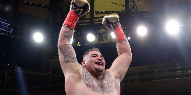 FILE - In this Saturday, June 1, 2019 file photo, Mexican American Andy Ruiz celebrates after stopping Britain's Anthony Joshua during the seventh round of a heavyweight championship boxing match in New York. Heavyweight boxing heads to new territory when Andy Ruiz Jr. and Anthony Joshua meet in a rematch in Saudi Arabia on Saturday, Dec. 7, 2019. Ruiz will look to mark the first world title fight in the Middle East for retaining the belts he took from Joshua a major shock in New York in June. (AP Photo/Frank Franklin II, File)