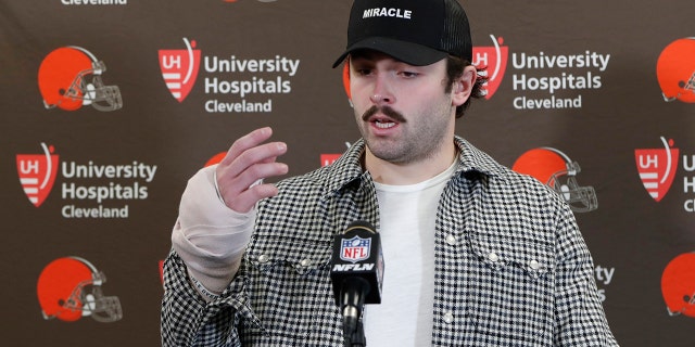 Cleveland Browns quarterback Baker Mayfield answers questions about his injured hand during a news conference after an NFL football game against the Pittsburgh Steelers, Sunday, Dec. 1, 2019, in Pittsburgh. (AP Photo/Don Wright)