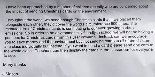 The principal of an elementary school in England notified parents in a letter that the school will not allow students to send Christmas cards to one another, citing concerns for the environment.