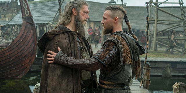 Jordan Patrick Smith (Ubbe, right) and Adam Copeland (Kjetill, left) in "Vikings."
