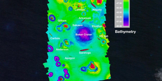 Map of the Bikini Atoll test site with Baker crater and shipwrecks.