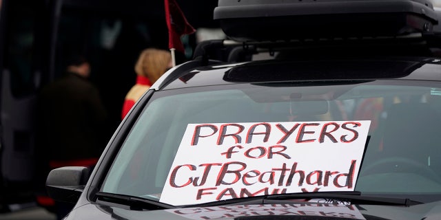 A sign for San Francisco 49ers quarterback C.J. Beathard is shown on a parked car at Levi's Stadium before an NFL football game between the 49ers and the Los Angeles Rams in Santa Clara, Calif., Saturday, Dec. 21, 2019. (Associated Press)