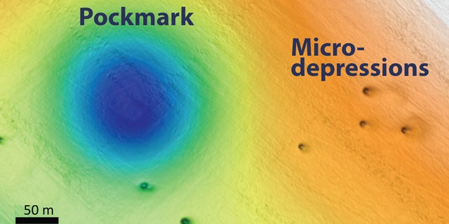 A map of the seafloor off Big Sur showing a pockmark and micro-depressions.