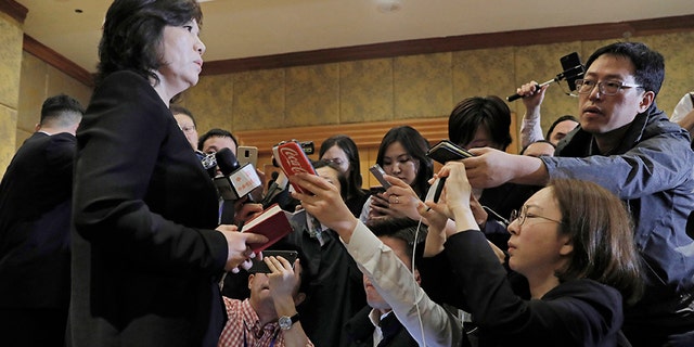 In this Feb. 28 file photo, North Korea Deputy Foreign Minister Choe Son Hui talks during a press conference at Melia Hotel in Hanoi, Vietnam. (AP)