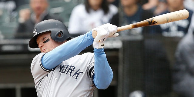 Clint Frazier #77 of the New York Yankees at bat during the first inning against the Chicago White Sox at Guaranteed Rate Field on June 16, 2019 in Chicago, Illinois. (Photo by Nuccio DiNuzzo/Getty Images)