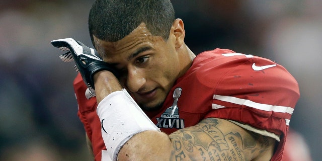 Then-San Francisco 49ers quarterback Colin Kaepernick after losing 34-31 to the Baltimore Ravens in the NFL Super Bowl XLVII football game, in New Orleans, on Feb. 3, 2013. (AP Photo/David Goldman, File)