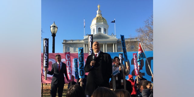 Democratic presidential candidate Sen. Cory Booker of New Jersey headlines a rally in Concord, N.H. after filing for the state's first-in-the-nation primary, on November 15, 2019
