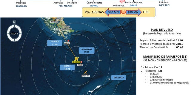 A map from Chile's air force showing the last known location of the plane.