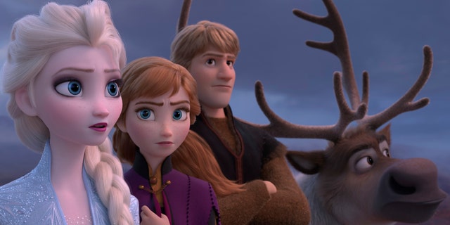 This image released by Disney shows Elsa, voiced by Idina Menzel, Anna, voiced by Kristen Bell, Kristoff, voiced by Jonathan Groff and Sven in a scene from the animated film, "Frozen 2."