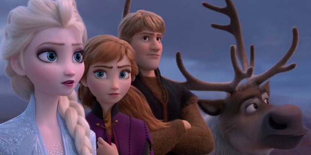 This image released by Disney shows Elsa, voiced by Idina Menzel, Anna, voiced by Kristen Bell, Kristoff, voiced by Jonathan Groff and Sven in a scene from the animated film, "Frozen 2."