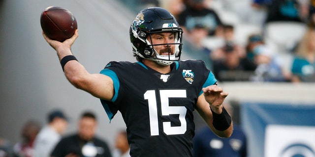 Jacksonville Jaguars quarterback Gardner Minshew II (15) throws a pass against the Indianapolis Colts during the first half of an NFL football game, Sunday, Dec. 29, 2019, in Jacksonville, Fla. (AP Photo/Stephen B. Morton)