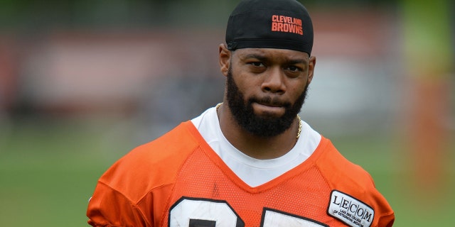 Running back George Atkinson III #25 of the Cleveland Browns walks off the field after the first OTA practice on May 24, 2017 at the Cleveland Browns training facility in Berea, Ohio. (Nick Cammett/Diamond Images/Getty Images)
