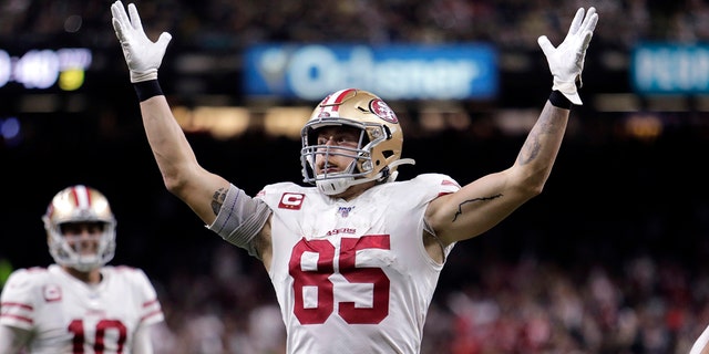 San Francisco 49ers tight end George Kittle (85) celebrates his touchdown in the second half an NFL football game against the New Orleans Saints in New Orleans, Sunday, Dec. 8, 2019. (AP Photo/Brett Duke)