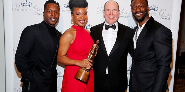 Leslie Odom Jr., Chinonye Chukwu, His Serene Highness Prince Albert II of Monaco and Aldis Hodge pose backstage during the 2019 Princess Grace Awards Galaon Nov. 25, 2019.