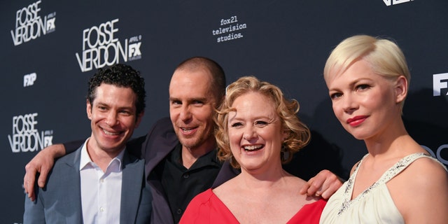 Left to right: "Fosse/Verdon" director Thomas Kail, star Sam Rockwell, producer Nicole Fosse and star Michelle Williams in 2019. (Photo by Mike Coppola/Getty Images)