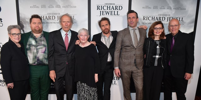 (L-R) Kathy Bates, Paul Walter Hauser, Clint Eastwood, Barbara "Bobi" Jewell, Sam Rockwell, Jon Hamm, Nadya Bryant and G. Watson Bryant Jr. attend the "Richard Jewell" Atlanta Screening at Rialto Center of the Arts on December 10, 2019 in Atlanta, Georgia.(Photo by Prince Williams/Wireimage)