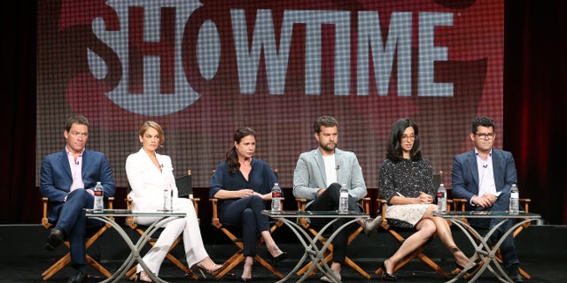(L-R) Actors Dominic West, Ruth Wilson, Maura Tierney, Joshua Jackson, creator/executive producer Sarah Treem and executive producer/director Jeffrey Reiner speak onstage during the 'The Affair' panel discussion at the Showtime portion of the 2015 Summer TCA Tour at The Beverly Hilton Hotel on August 11, 2015 in Beverly Hills, California.
