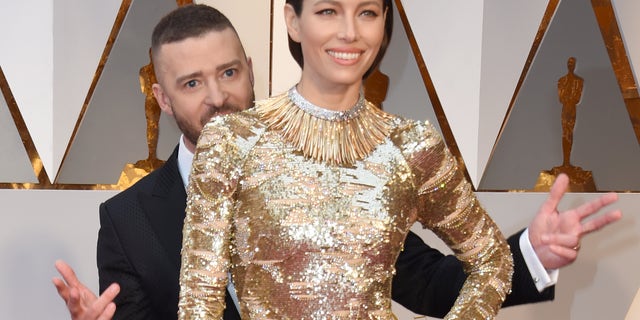 Justin Timberlake and Jessica Biel arrive at the 2017 Oscars, where Timberlake's