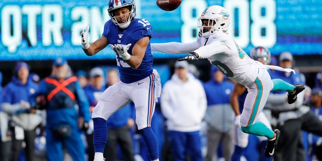 New York Giants wide receiver Golden Tate (15) making a catch on his way to score a touchdown in front of Miami Dolphins defensive back Nik Needham (40) on Sunday. (AP Photo/Adam Hunger)