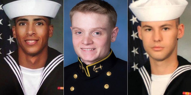 Mohammed S. Haitham, Joshua K. Watson and Cameron S. Walters, left to right, were bestowed posthumous Wings of Gold after the shooting at Naval Air Station Pensacola, Fla. (US Navy)