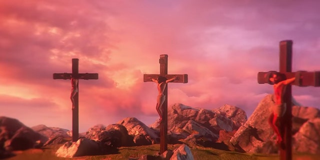 A crucifixion scene features in the