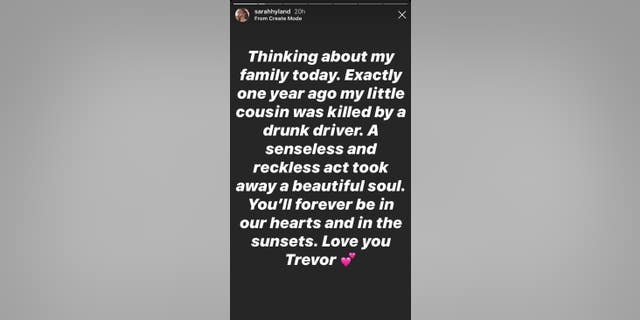 Sarah Hyland's tribute to late cousin Trevor Canaday on her Instagram Story.