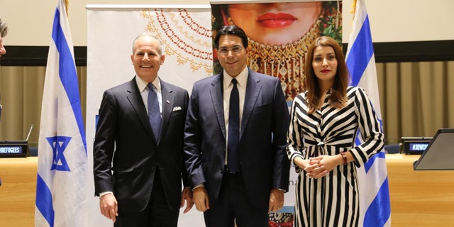 U.S. State Department's Special Envoy for Monitoring and Combating anti-Semitism Elan Carr (left), Israel's Ambassador to the United Nations Danny Danon and former Miss Iraq Sarah Idan.