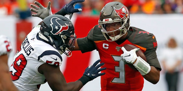 Houston Texans outside linebacker Whitney Mercilus (59) sacks Tampa Bay Buccaneers quarterback Jameis Winston (3) during the second half of an NFL football game Saturday, Dec. 21, 2019, in Tampa, Fla.