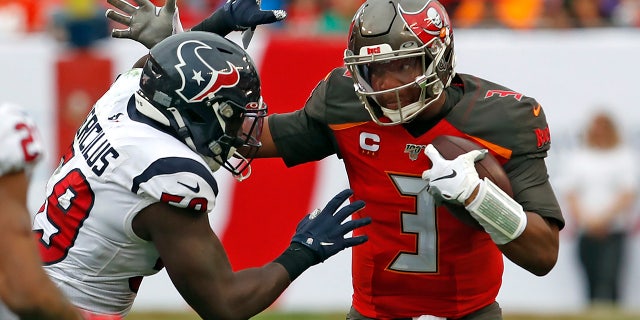 Houston Texans outside linebacker Whitney Mercilus (59) sacks Tampa Bay Buccaneers quarterback Jameis Winston (3) during the second half of an NFL football game Saturday, Dec. 21, 2019, in Tampa, Fla.
