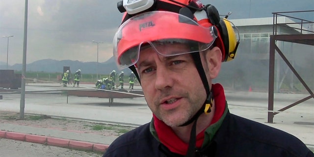 In this image taken from file video, James Le Mesurier, founder and director of Mayday Rescue, talks to the media during training exercises in southern Turkey, March 19, 2015. Le Mesurier was found dead in Istanbul last month on a street below his apartment. (AP Photo, FILE)