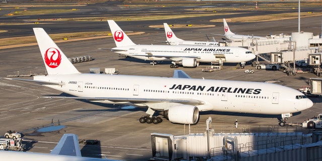 Tokyo, Japan - December 4, 2012: Japan Airlines airplane and JAL Express airplane at Tokyo International Airport (Haneda Airport) in Japan. Some workers are working at the airport area. It is located in Ota Ward, Tokyo, Japan. Tokyo International Airport is the busiest airport in Japan.