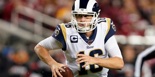 Los Angeles Rams quarterback Jared Goff rolls out to pass against the San Francisco 49ers during the first half of an NFL football game in Santa Clara, Calif., Saturday, Dec. 21, 2019. (AP Photo/Tony Avelar)