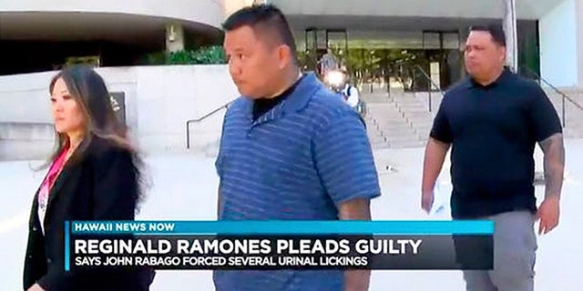 John Rabago, pictured here outside federal court in Honolulu, pleaded guilty on Monday to depriving a man of his civil rights after forcing him to lick a toilet to avoid arrest.
