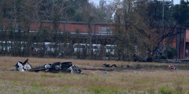 A view of the burnt wreckage of a plane crash near Feu Follet Road and Verot School Road in Lafayette, La., Saturday, Dec. 28, 2019. Authorities confirmed the accident but details on whether anyone was injured was not immediately known.