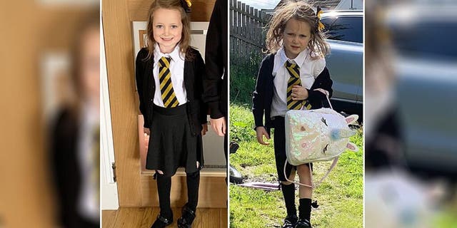 One adorably frazzled picture taken after a five-year-old girl’s first day back at school has gone massively viral on Facebook, though her mother is still mystified as to how the youngster got so messy in the first place. (Courtesy of Barrhead News)