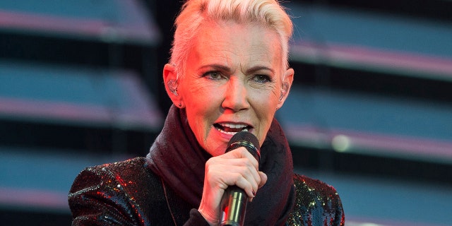 FILE - In this file photo dated July 18, 2015, Marie Fredriksson, singer of the pop duo Roxette. Fredriksson has died, aged 61 after a long illness, according to an announcement Tuesday Dec. 10, 2019.