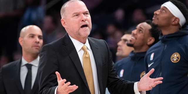 Denver Nuggets coach Michael Malone reacts during the first half of the team's NBA basketball game against the New York Knicks, Thursday, Dec. 5, 2019, at Madison Square Garden in New York.