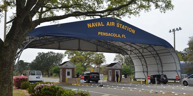​​​​​​​The main gate at Naval Air Station Pensacola is seen March 16, 2016, in Pensacola, Fla. (U.S. Navy/Patrick Nichols)