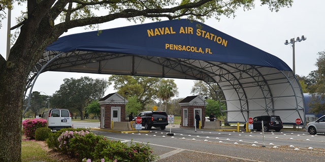 The main gate at Naval Air Station Pensacola is seen in Pensacola, Fla., March 16, 2016. (U.S. Navy photo by Patrick Nichols)