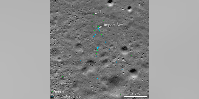 This image released by NASA shows the Vikram Lander impact point and the debris field. Green dots indicate spacecraft debris (confirmed or likely). Blue dots locate disturbed soil, likely where small bits of the spacecraft churned up the Moon's surface. "S" indicates debris identified by Shanmuga Subramanian. (Credits: NASA/Goddard/Arizona State University)