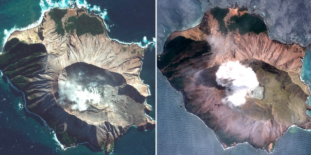 In this combo made from two satellite images taken May 12, 2019, left, and Dec. 11, 2019, right, by Maxar Technologies steam rises from the volcano on White Island off the coast of Whakatane, New Zealand.