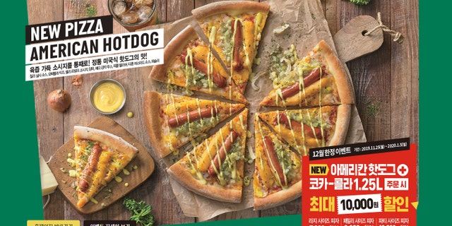 Available for a limited time, American Hot Dog Pizza comes topped with a whole hot dog on every slice, as well as chili sauce, mozzarella cheese, a cheddar-potato “mousseline,” onions, parsley, relish and mustard sauce.